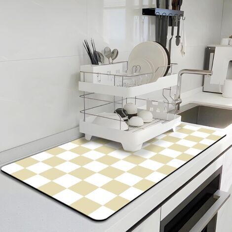 Tapis de séchage de vaisselle de cuisine, tapis à café à carreaux, tapis absorbant, jaune