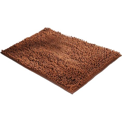 Tapis de sol chenille à poils longs, antidérapant et à ventouses, marron, idéal pour salle de bain, entrée ou salon.