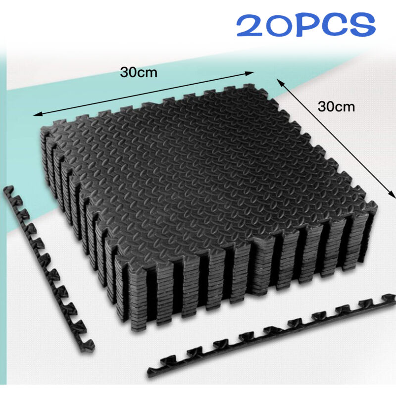 Tapis de Sol de Gym Sport avec 20 Dalles de Protection en Mousse 30cm x 30 cm Noir