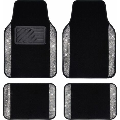 Tapis de sol de voiture avec strass brillants et diamants brillants avec talon antidérapant en PVC universel pour SUV, berline, voiture, camionnette, 4 pièces pour fille et femme (argenté noir)