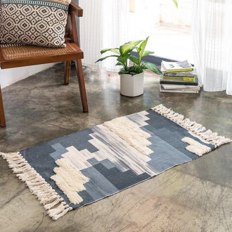 Tapis de sol en coton et lin à pompons bleus de style méditerranéen Tapis de sol en coton et lin de 60 cm de large lavable en machine