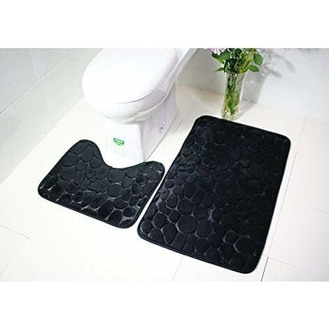 Tapis de sol en moquette absorbante antidérapante en deux parties noires pour toilettes en pierre de galets en relief en flanelle