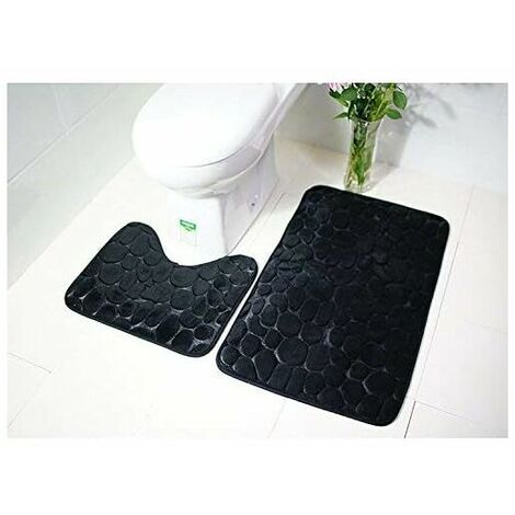 Tapis de sol en moquette absorbante antidérapante en deux parties noires pour toilettes en pierre de galets en relief en flanelle-