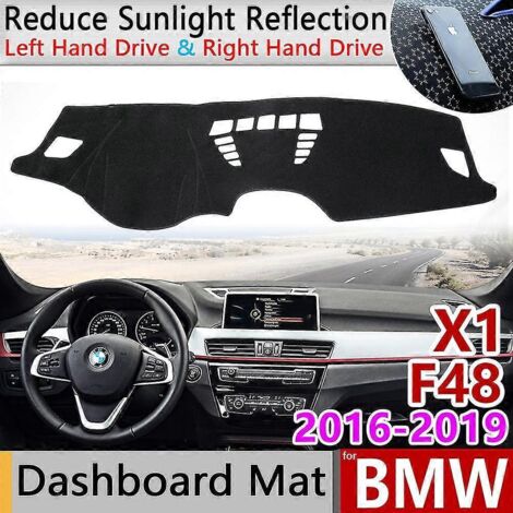 Tapis de tableau de bord antidérapant de qualité supérieure pour BMW X1 F48 (2016-2019) - Protection solaire et anti-UV - Accessoires auto - Polyester - Bordure marron - Avec affichage tête haute (HUD