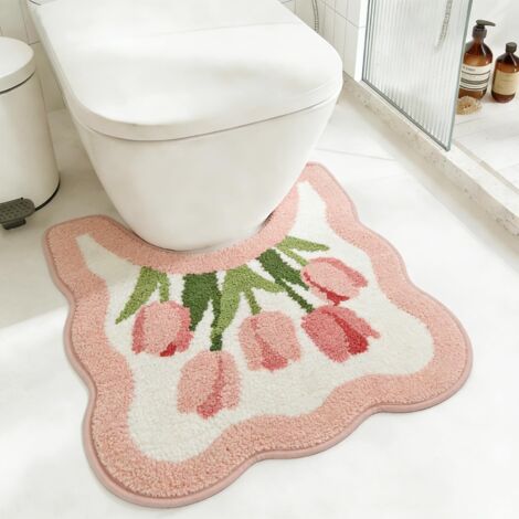 Tapis de Toilette en Forme de U avec Fleurs de Tulipe, Tapis de Bain Romantique Antidérapant avec Design à Bordure Ondulée, Tapis de Sol en Microfibre Doux et Absorbant pour Toilette, Décoration de Sa