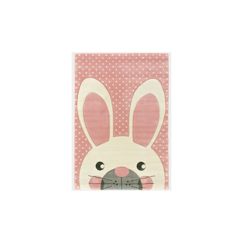 Tapis enfant fille - Lapin blanc - Rose pastel à pois - 160 x 230 cm