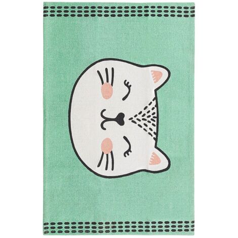Tapis Déco en Coton Design Ideal Pour Chambre Bébé ou d Enfant ou Salle de Jeux Blanc et Vert Avec Motif Chat Mignon Beliani 60 x 90 cm