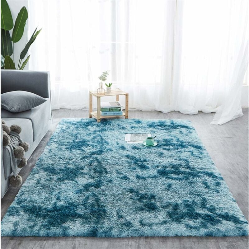 Tapis Dégradé Doux et Moelleux, Long Cheveux Lavable avec Le Fond Antidérapant, Tapis Décoratif de Style Moderne pour Salon, Chambre, Canapé (Bleu