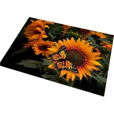 Tapis d'entrée 50x80 cm, motif fleurs noir et orange, antidérapant et moderne.