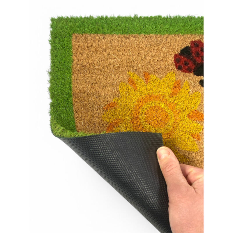 Tapis d'entrée d'extérieur en noix de coco - Paillasson antidérapant avec coccinelles et tournesols - 40x70 cm