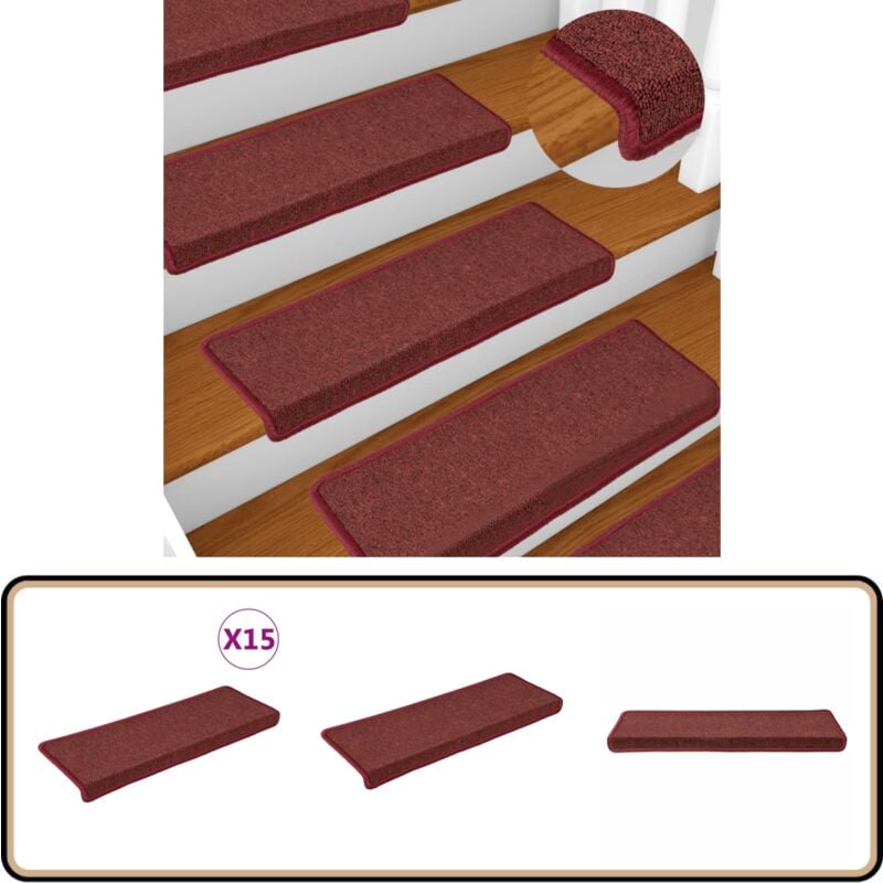 Tapis d'escalier 15 pcs 65x21x4 cm Rouge mat - Tapis D'escalier - Tapis Marche - Moquette Escalier - Protection Escalier - Antidérapant