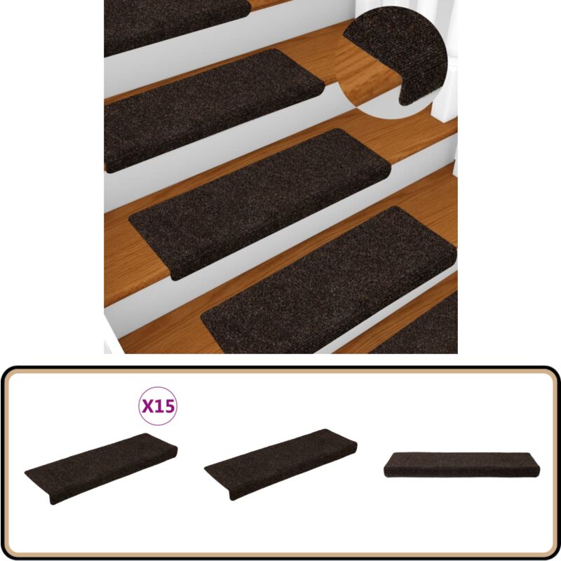 Tapis d'escalier 15 pcs Tissu aiguilleté 65x21x4 cm Marron - Tapis D'escalier - Tapis Marche - Décoration Escalier - Antidérapant - Isolant Phonique