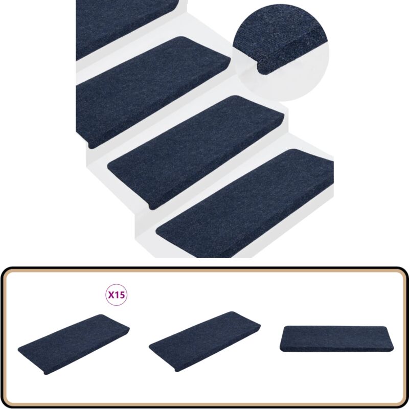 Vidaxl - Tapis d'escalier auto-adhésifs 15 pcs 65x24,5x3,5 cm Bleu - Tapis D'escalier - Tapis Marche - Antidérapant - Décoration Escalier