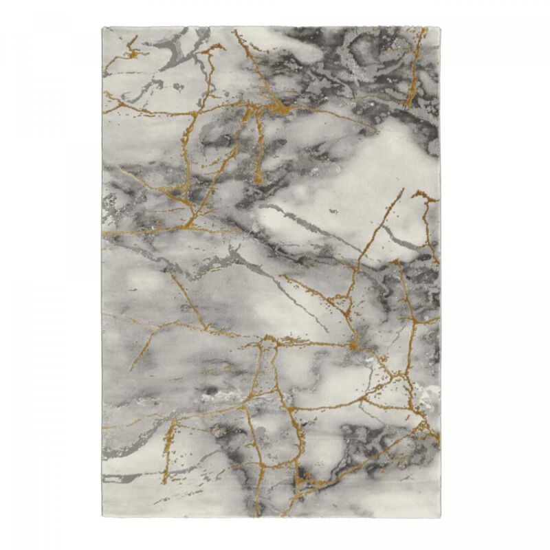 Tapis salon et chambre 80x150 gris et or rectangle tissé motif abstrait MARBAL