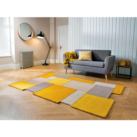 FLAIR RUGS Tapis design en laine géométrique pour salon Collage Jaune 60x230 - Jaune