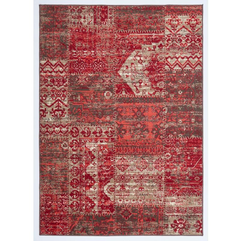 Tapis salon et chambre 140x200 rouge rectangle tissé motif ethnique AF1 patwork