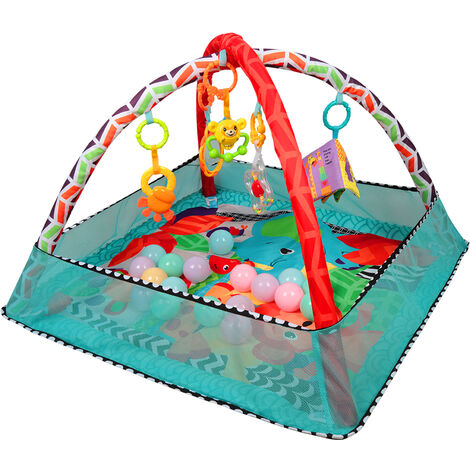 Tapis d'éveil Bébé Tapis de Jeu Non Toxique Sûr Lavable en Machine Cadre de Fitness 5 Jouets Suspendus, 18 Boules Océaniques - Bleu