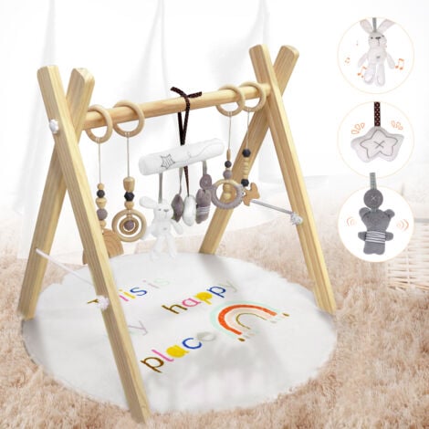 Tapis d'Éveil et d'Activités Douceur Transportable pour bébé en Bois, Coussin et 8 Jouets Amovibles, Ultra-Doux