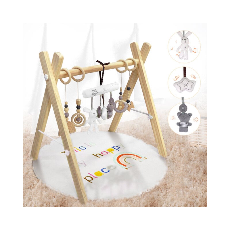 Tapis d'Éveil pour Bébé, Tapis de Jeux et d'Activités en Bois Douceur Transportable, avec Coussin et 8 Jouets Amovibles, Ultra-Doux