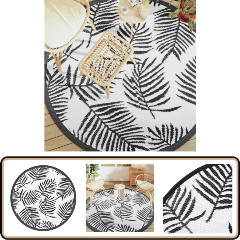 Tapis d'extérieur ARAKIL blanc et noir Ø200 cm PP - Tapis D'extérieur - Tapis De Jardin - Tapis Rond - Tapis Lavable - Décoration Extérieur