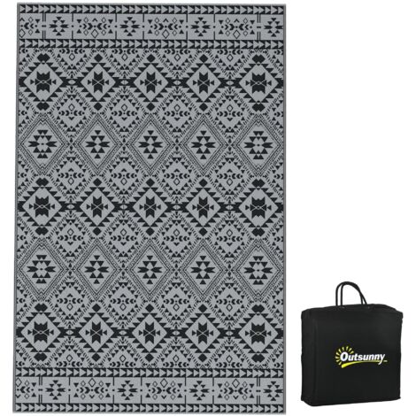 Tapis d'extérieur double face imperméable au motif géométrique graphique, résistant et déco tendance, dimension 182 x 274 cm, élégant coloris noir et gris