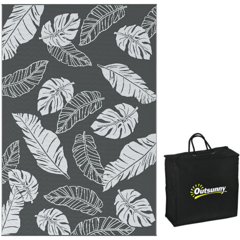 Tapis d'extérieur en plastique résistant aux intempéries 182x274 cm motif réversible pour balcon terrasse gris blanc