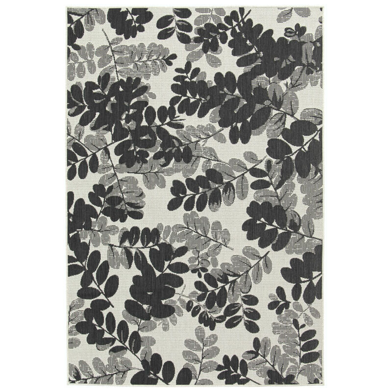 Décoweb - Tapis d'extérieur ou de salon - Poésie - Feuilles noir et écru - 80 x 150 cm