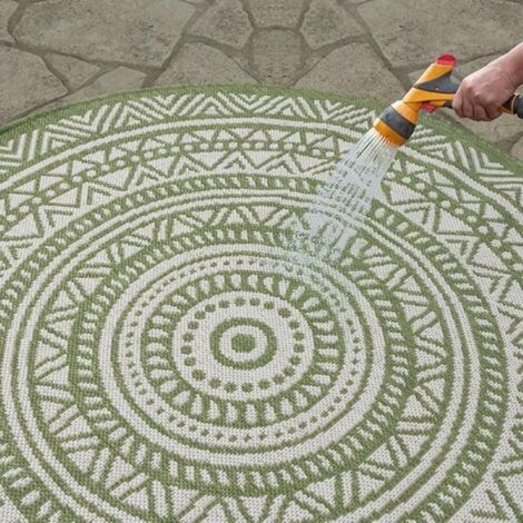 Tapis d'extérieur - Résistant aux UV - Vert - 120 cm - Rond - Motif mandala