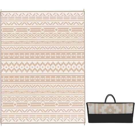 Tapis d'extérieur réversible 3,7 x 2,7 m, tapis de sol à motif géométrique mural en polypropylène, sac de transport kaki et beige clair