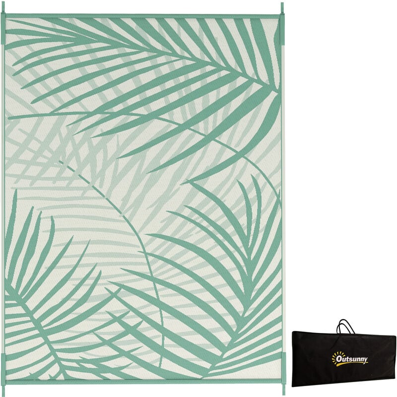 Tapis d'extérieur réversible imperméable dim. 365L x 274l cm motif feuillage sac transport motif feuillage PP vert crème - Vert