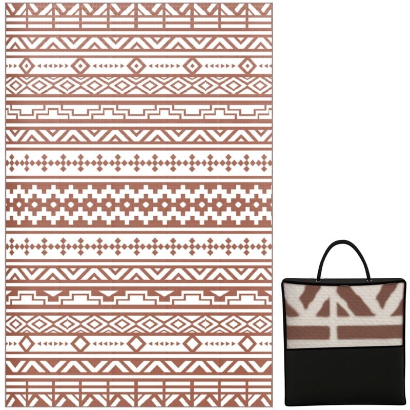 Tapis d'extérieur réversible motif graphique dim. 1,8 x 2,7 m sac transport inclus terracotta beige