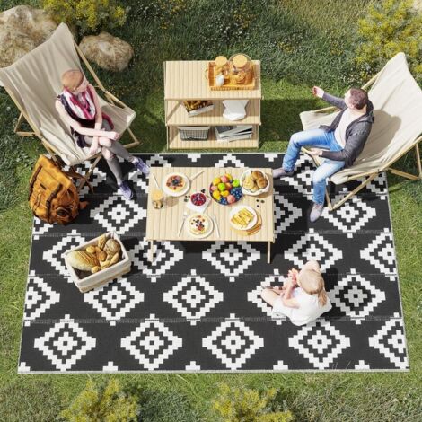 Tapis d'extérieur réversible pour balcon et terrasse, motif géométrique, résistant aux UV, idéal pour le jardin, le patio, la plage et les pique-niques, 182 x 274 cm, noir et blanc