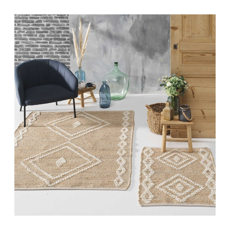 Douceur D'intérieur - Tapis rectangle 120x170cm en jute et laine 'Floty' - 120x170cm - Blanc