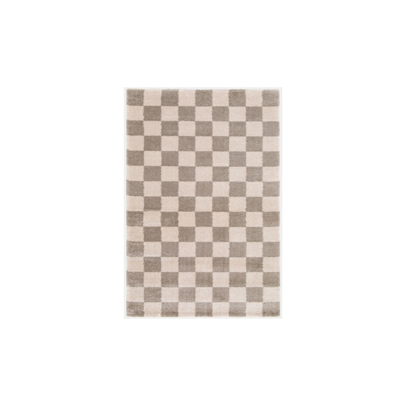 Tapis doux à motif damier en matière recyclée - Damia - Taupe et crème - 120 x 170 cm