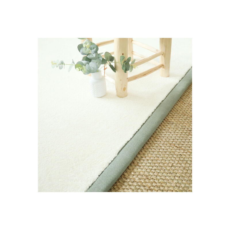 Décoweb - Tapis doux poils longs - Touch blanc crème - Ganse lin vert sauge - 200 x 200 cm