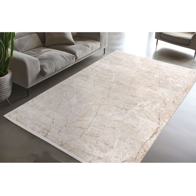 Allotapis - Tapis effet marbre viscose avec franges design Burello Beige 80x150