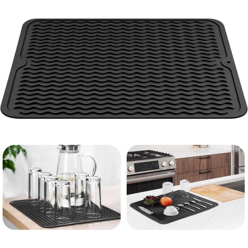 Tapis égouttoir silicone 40×50 cm noir, séchage rapide, résistant chaleur.