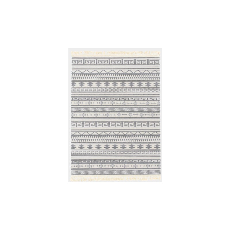 Décoweb - Tapis en coton blanc à franges - Aztèque - Motifs noir - 140 x 200 cm