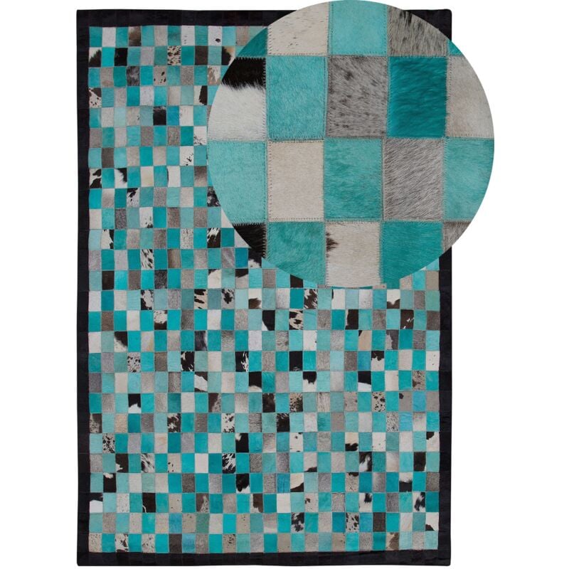 Tapis Rectangulaire Bleu Turquoise et Gris en Cuir Patchwork Motif à Damier pour Intérieur Moderne 140 x 200 cm Beliani