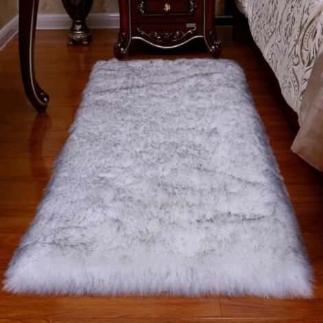 Tapis en fausse fourrure effet mouton, petit tapis moelleux pour chambre ou salon, 60 x 90 cm, blanc