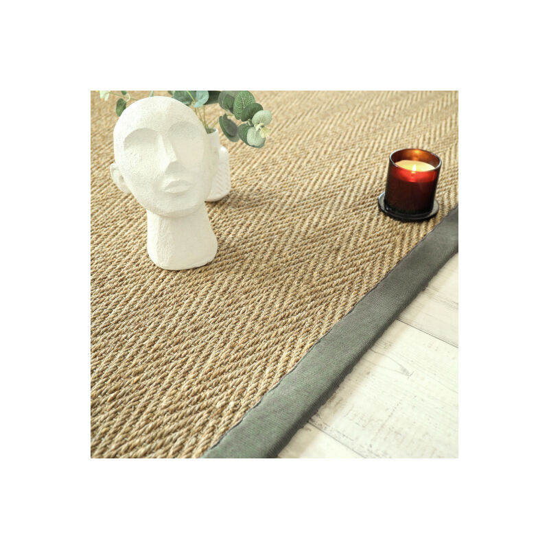 Décoweb - Tapis en Jonc de mer - Bihar fin chevron - Ganse chenille vert mousse - 250 x 350 cm