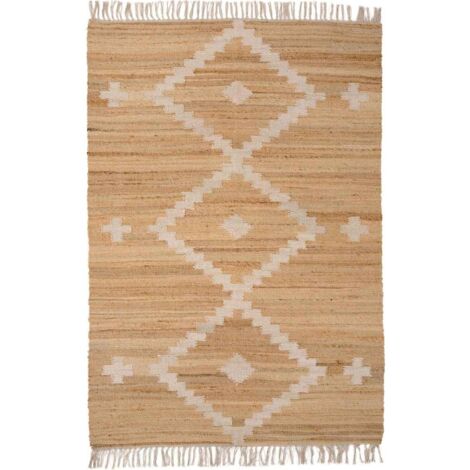 Tapis en jute et coton motif ethnique beige blanc - beige naturel et blanc écru