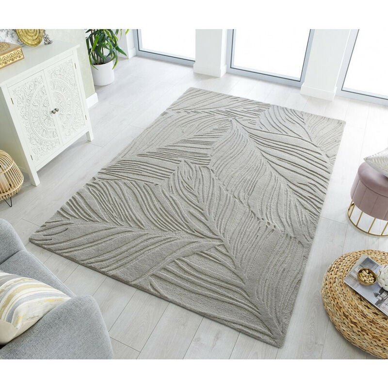 Flair Rugs - Tapis en laine effet 3D uni salon Lino Leaf Gris 120x170
