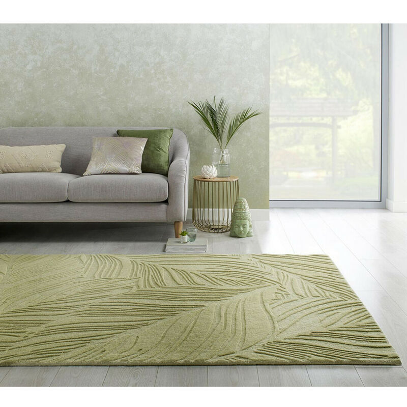 Flair Rugs - Tapis en laine effet 3D uni salon Lino Leaf Sauge 120x170
