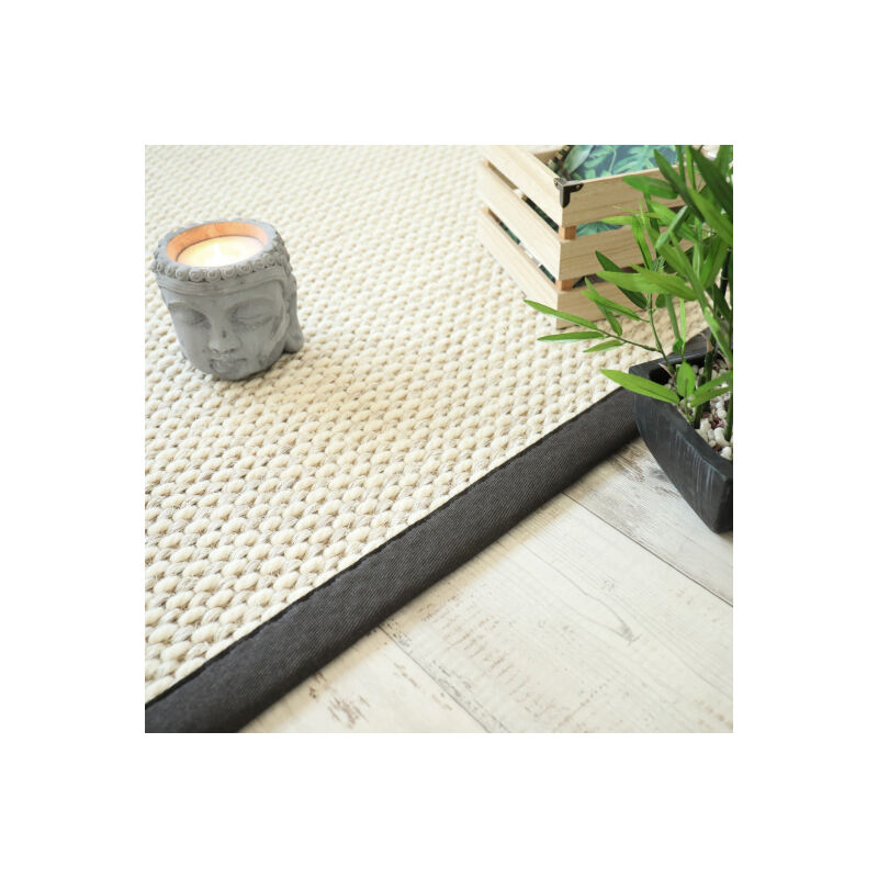 Décoweb - Tapis Laine et Sisal - Albury blanc crème - Ganse gris anthracite - 120 x 170 cm