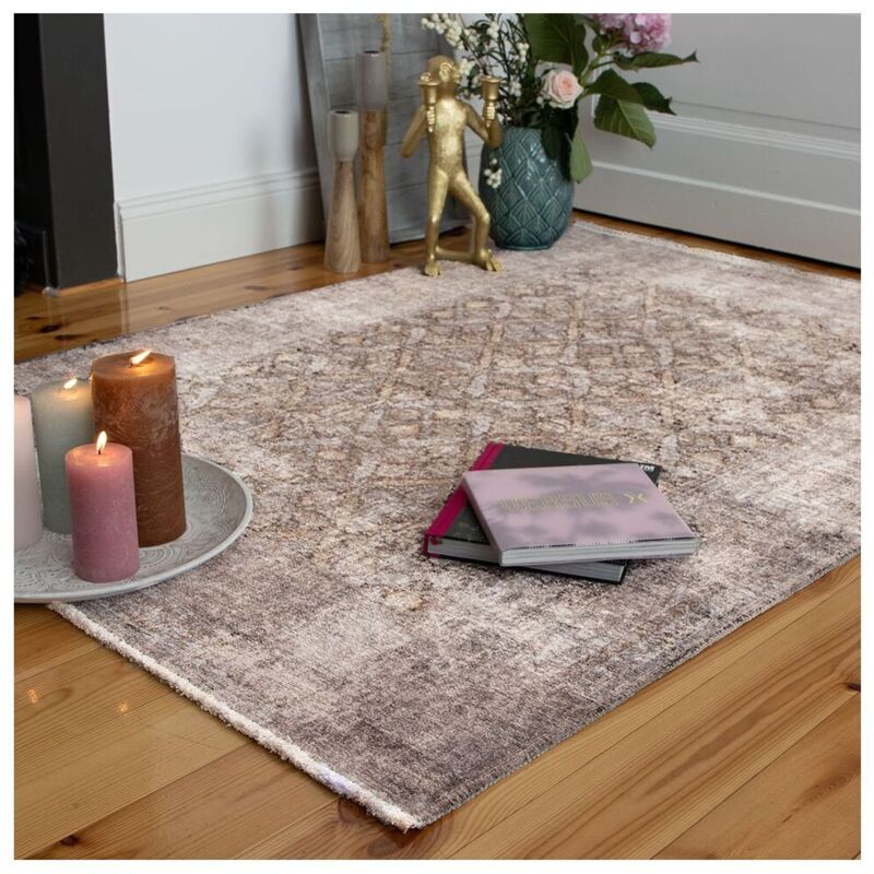 Tapis en laine recyclé lavable en machine vintage rayé Daphne Doré 120x170