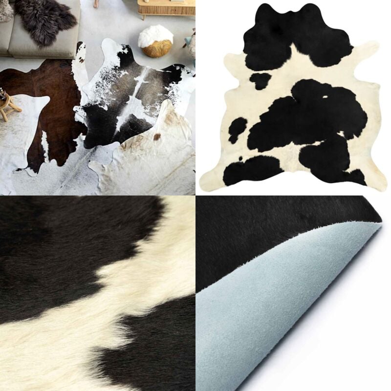 Tapis en peau de vache véritable noir et blanc 180x220 cm - Tapis En Cuir - Tapis Vachette - Tapis Décoratif - Tapis Bohème - Décoration Rustique