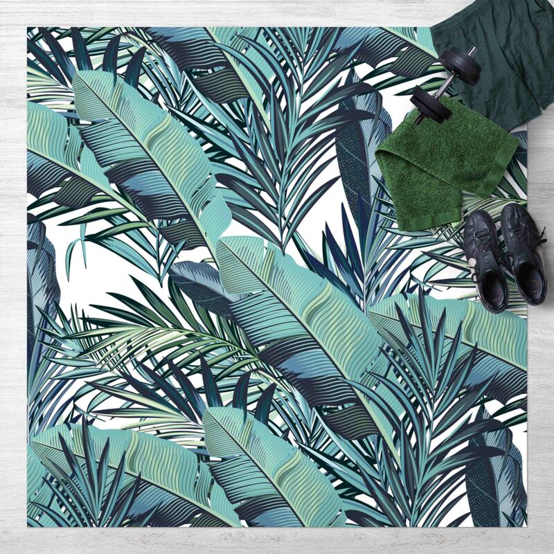 Micasia - Tapis en vinyle - Turquoise Leaves Jungle Pattern - Carré 1:1 Dimension HxL: 40cm x 40cm