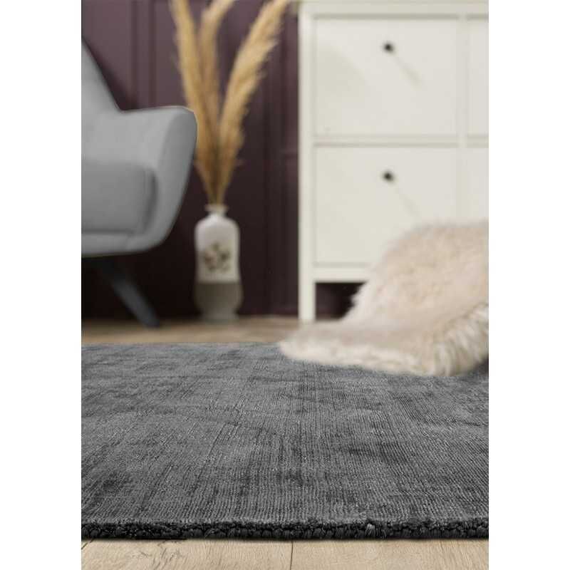 Tapis uni en viscose fait main luxury - Gris anthracite, rond, 160x160 cm