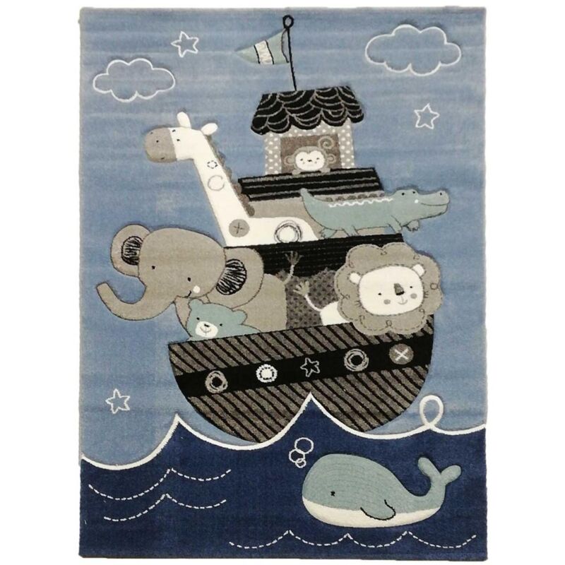 Unamourdetapis - Tapis enfant tissé 60x110 bleu rectangle motif animaux etelda